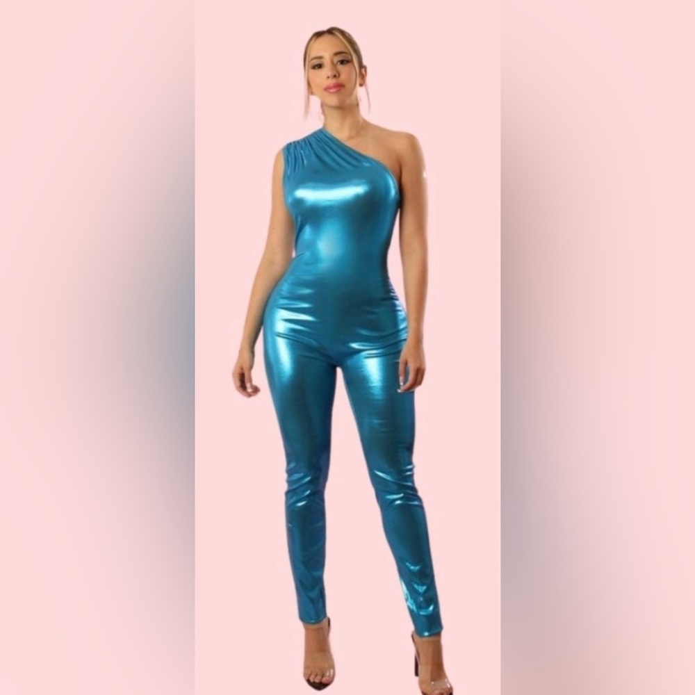 One Shoulder Metallic Jumpsuit
